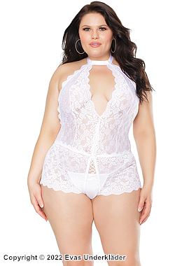 Freizügiger Dessous-Teddy, Schnürung, offener Schritt, Blumenspitze, tiefer Ausschnitt, Plus Size